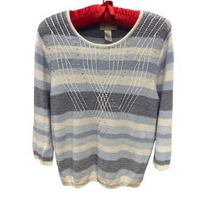 Alfred Dunner Woman 1X Sweater Blue Stripe Rhinestone Embellished Knit